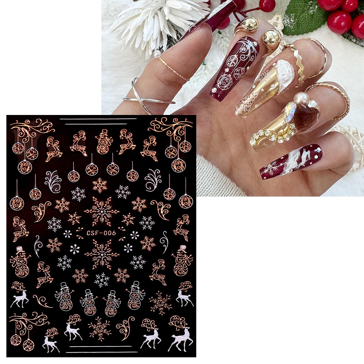JMEOWIO 9 Sheets Christmas White Glitter Nail Art Stickers Decals Self-Adhesive Snowflake Winter Holiday Rose Gold Nail Supplies Nail Art Design Decoration Accessories