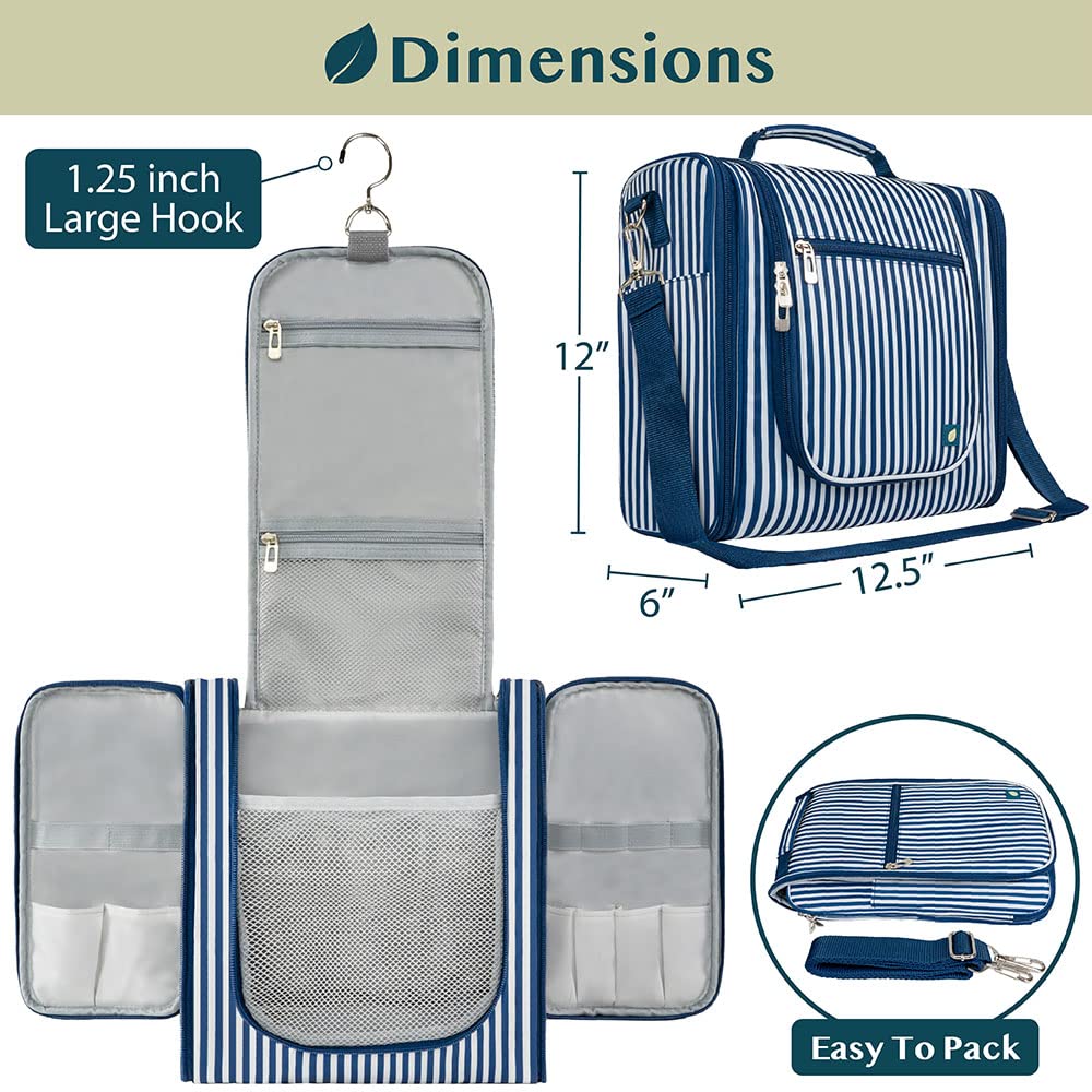 PAVILIA Extra Large Toiletry Bag Travel Bag for Women Men, Hanging Cosmetic Organizer, Water Resistant Makeup Bag for Accessories Toiletries, Travel Essentials Kit (Stripe Navy)