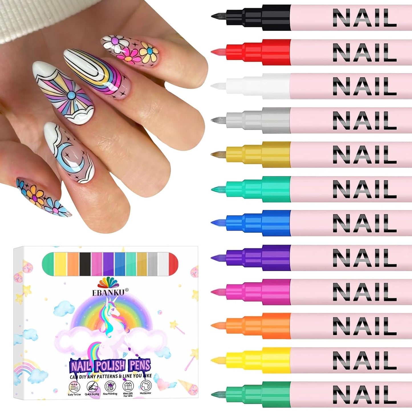 EBANKU 12 Colors Nail Art Pens Set, 3D 0.7MM Nail Polish Pens Quick-Drying Nail Art Acrylic Paint Nail Point Dotting Liner Pen Tools for Home & Salon Nail DIY