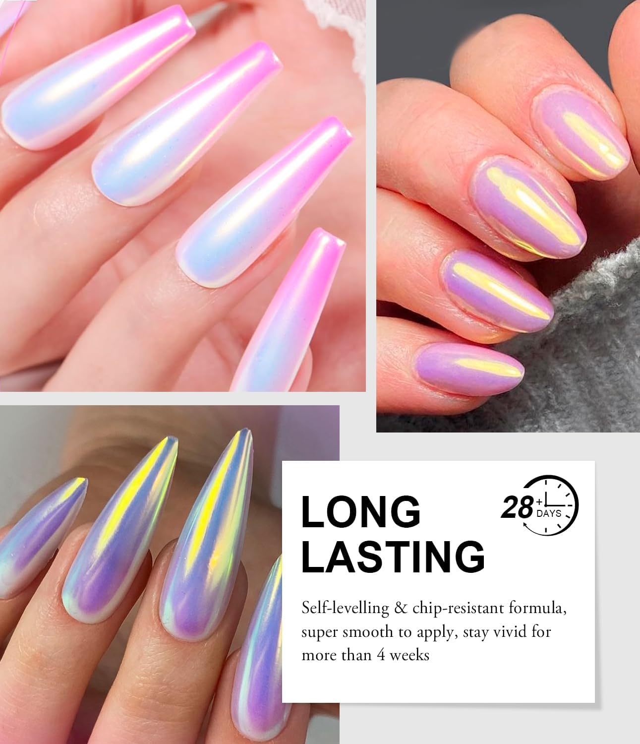 White Chrome Nail Powder: 4Pcs Iridescent Aurora Mermaid Pearl Chrome Powder Pearl Dust Kit for Gel for Gel Nails Art Decoration