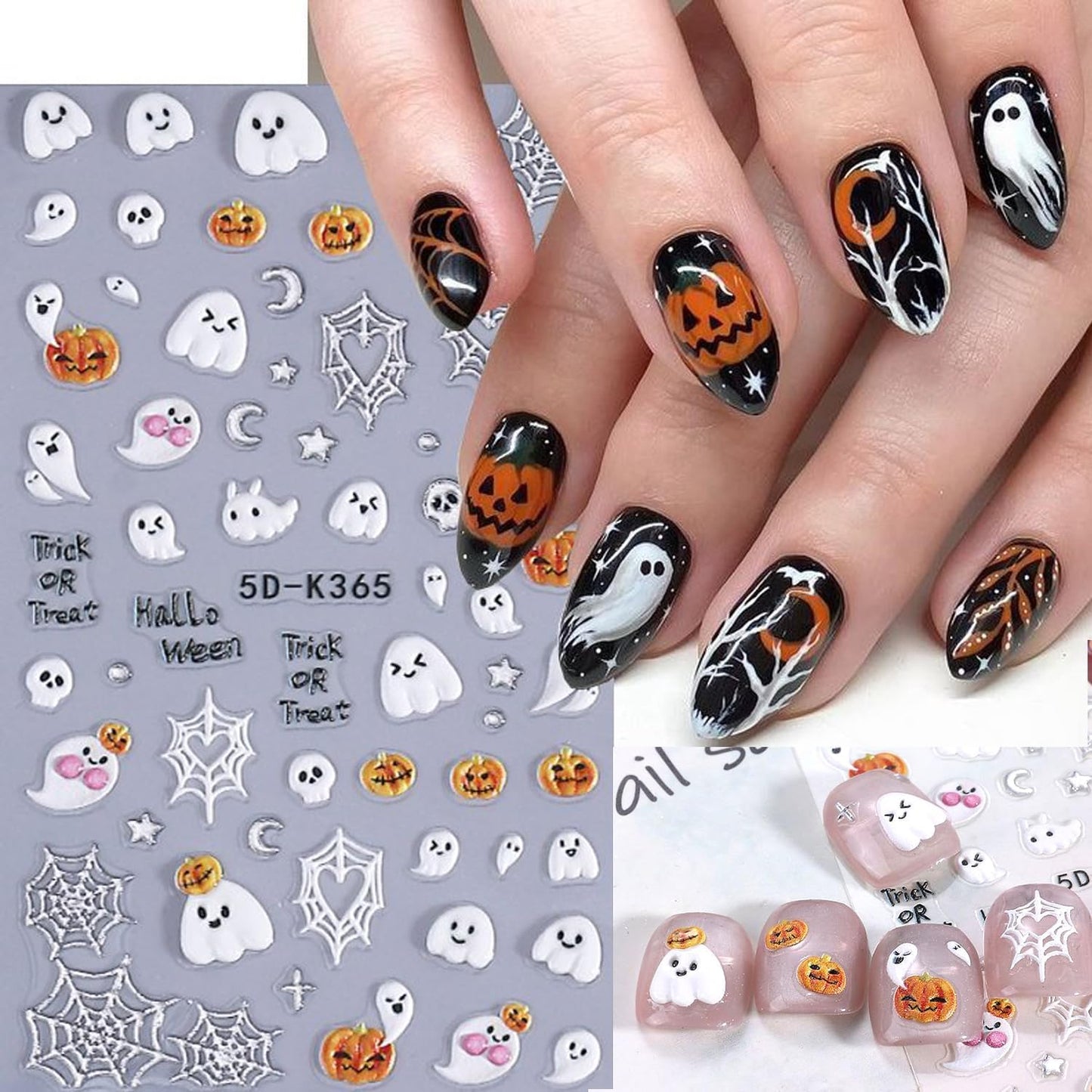 2Sheet Halloween Nail Art Stickers 5D Relief Cartoon Ghost Cat Dark Self-Adhesive Sticker Nail Decals Cute Ghost Pumpkin Pattern Nail Art Slider DIY for Women Girl Cute Halloween Nail Decoration