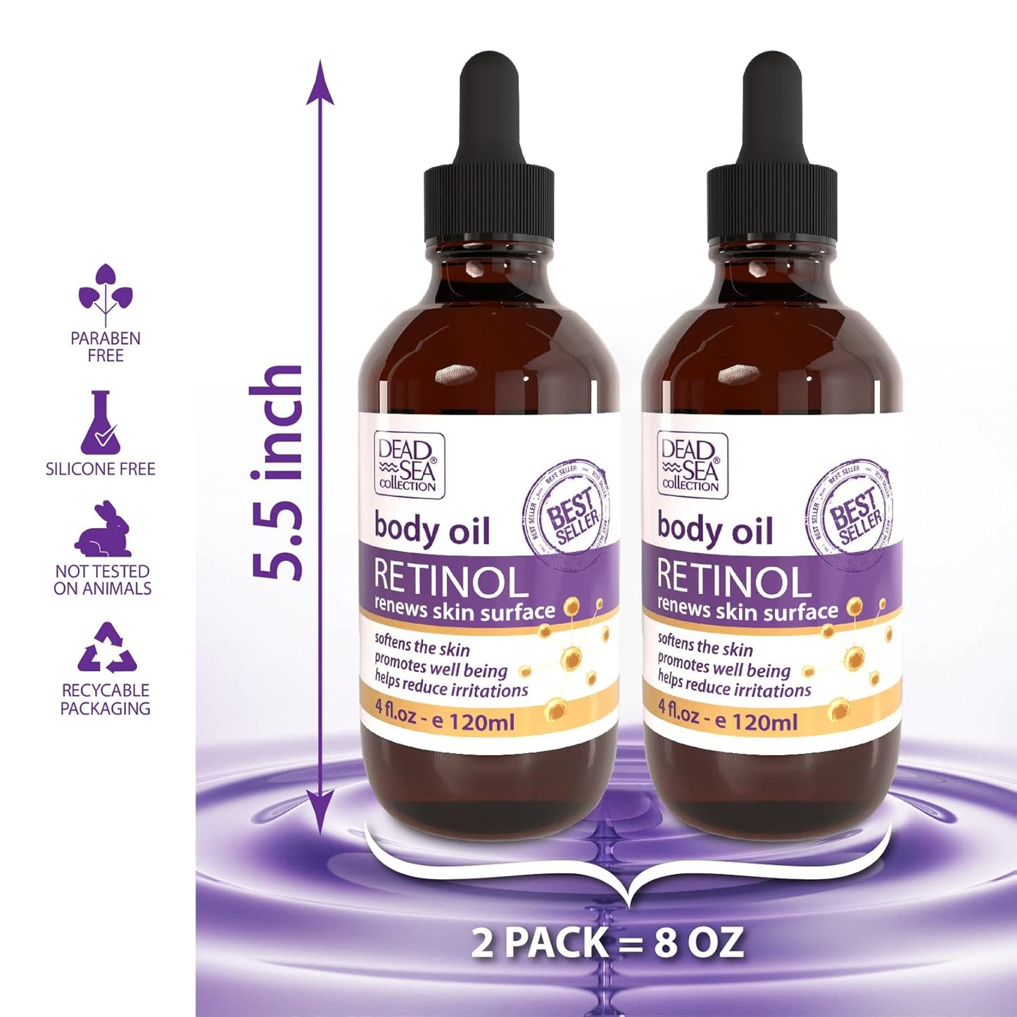 Dead Sea Collection Body Oil for Dry Skin - Retinol & Vitamin E, A Moisturizing Oil for Face, Anti-Aging - Skin Elasticity Support, Renews Skin Surface & Softens Pack of 2 (4 Fl. Oz Each)