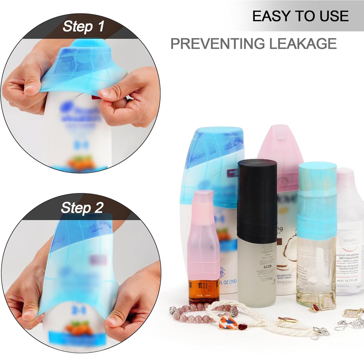 Travel Hanging Toiletry Bag for Women and Men, with 8 Leak Proofing Silicone Bottle Covers, Waterproof Makeup Accessories, Cosmetic Essentials, Toiletries Dopp Kit Set with Jewelry Organizer, Purple