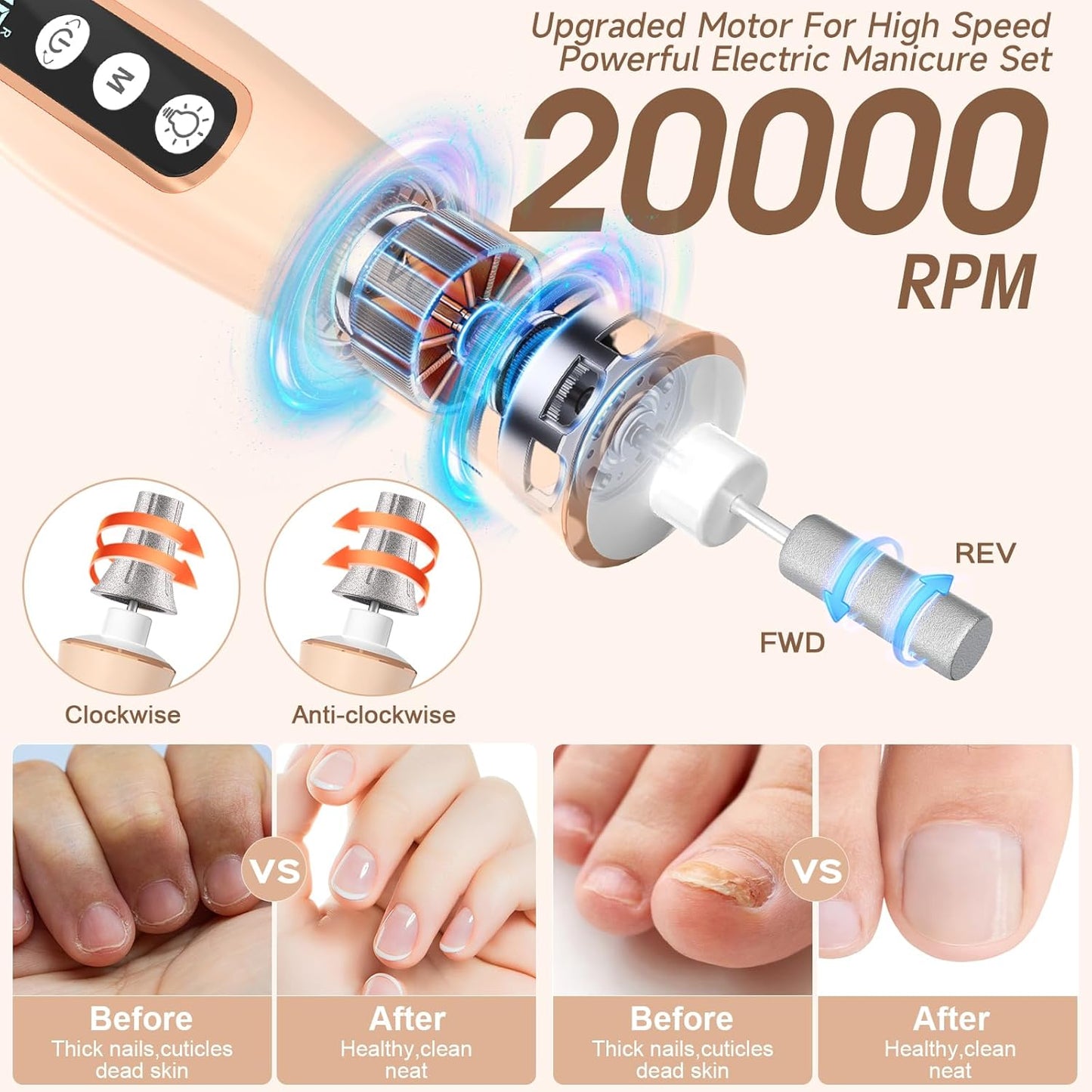 Professional Manicure Pedicure Kit, Cordless Electric Nail Drill with 360° LED Light&10 Speeds&Memory Mode, Pedicure Tools for feet, Hand Foot Care Nail Drill for Thick Nail Toenail Cuticle, Pink