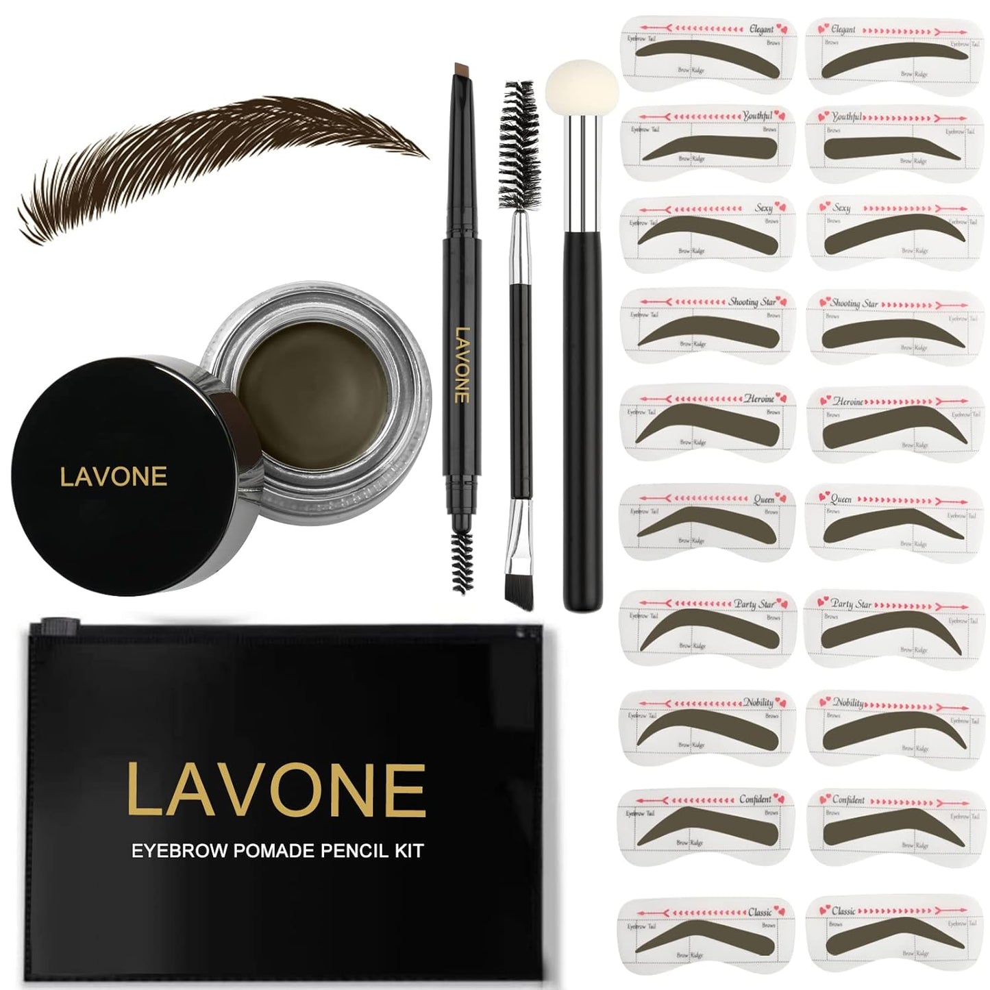 LAVONE Eyebrow Stamp Stencil Kit - Brow Stamp Trio with Waterproof Pencil, Pomade, 20 Stencils, Dual-ended Brush and Sponge Applicator - Ebony