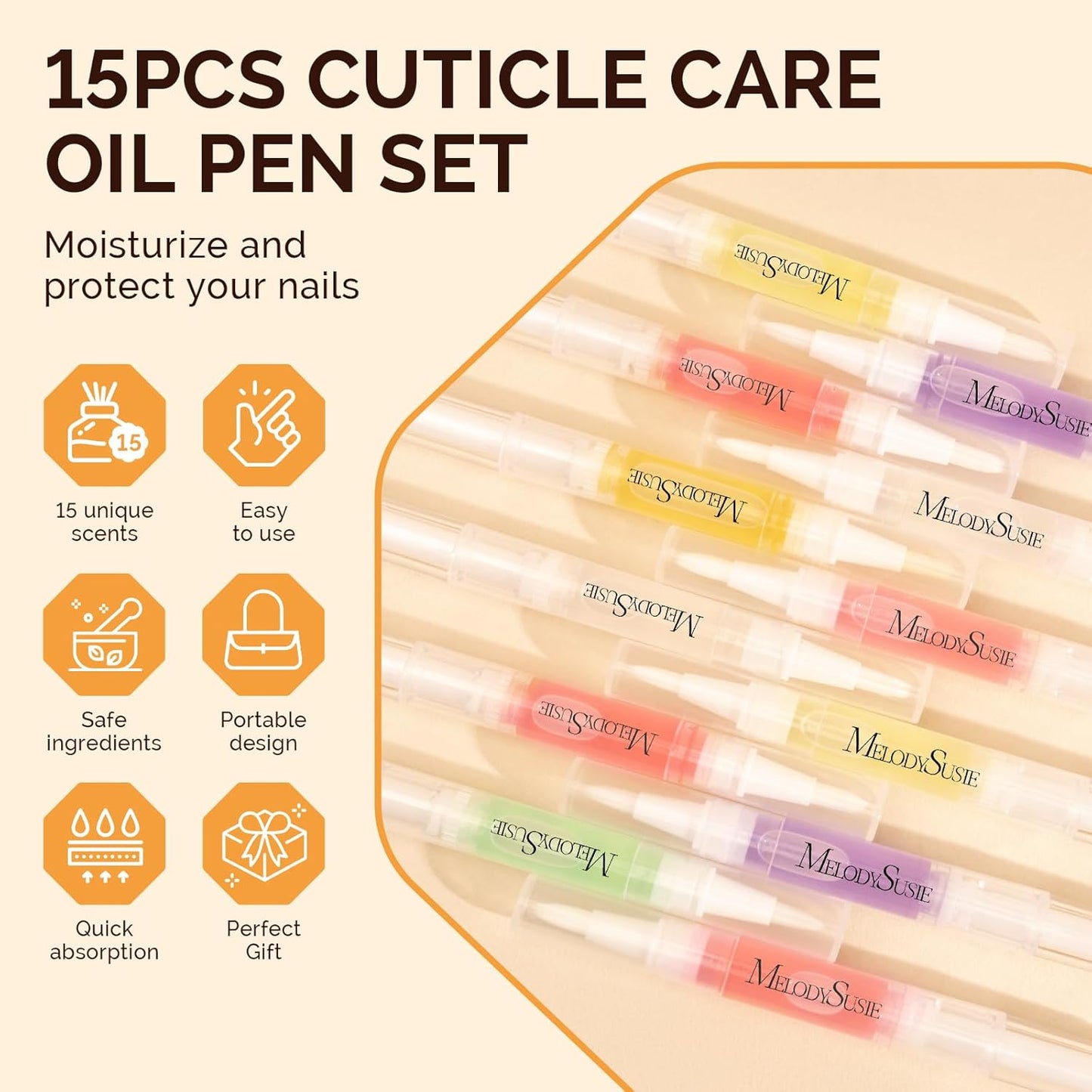 MelodySusie 15Pcs Cuticle Oil Pen Set,Nail Moisturizing Cuticle Oil Enriched with Vitamin E,Softens and Repairs cuticles,Nail Strengthener,Protects Damaged Skin,Thin Nails