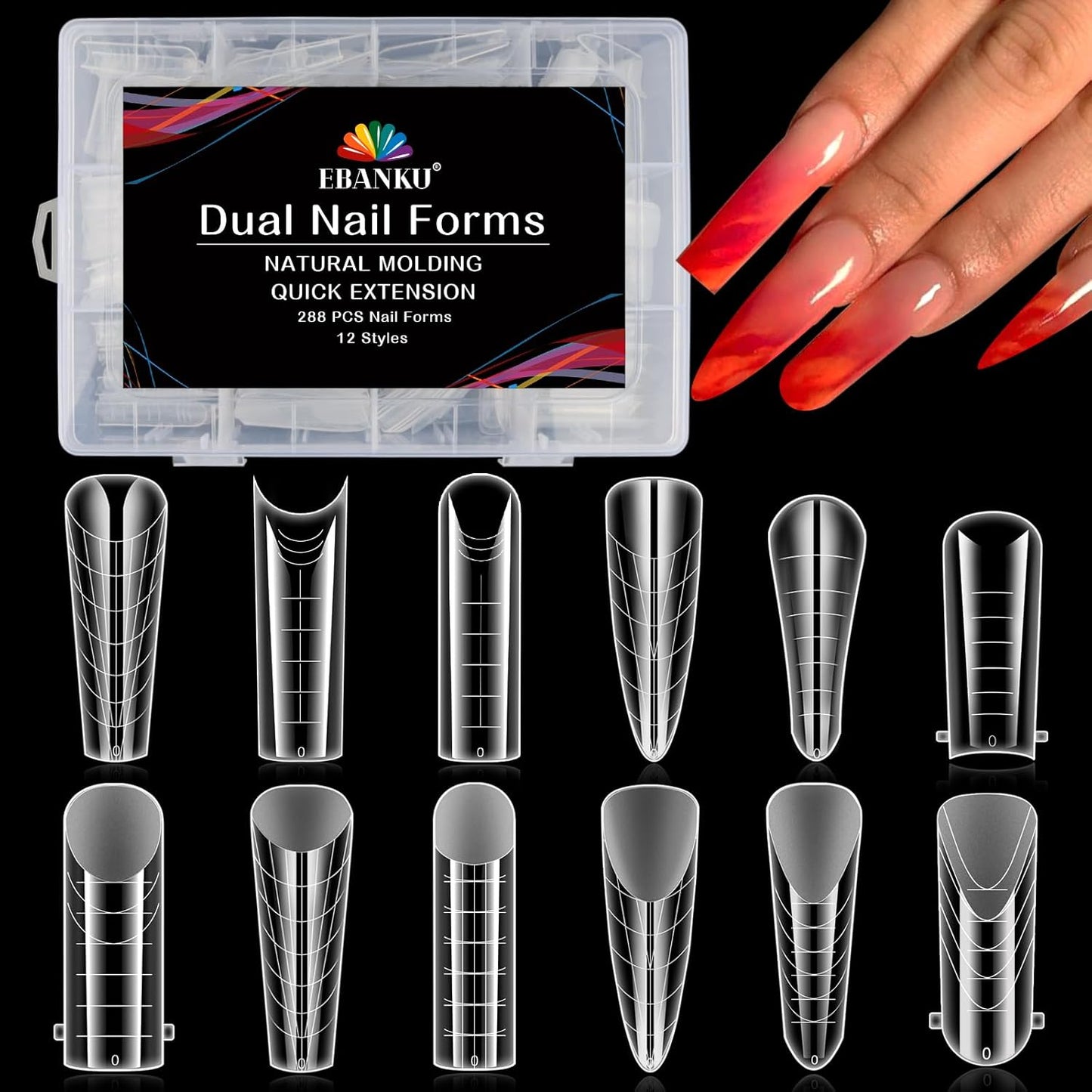 EBANKU Dual Forms for Poly Nail Gel 288PCS Dual Nail Forms Molds Stiletto Coffin Ballerina Acrylic Nail Tips 12 Shapes for Builder Gel Manicure Nail Art Design Salon DIY at Home