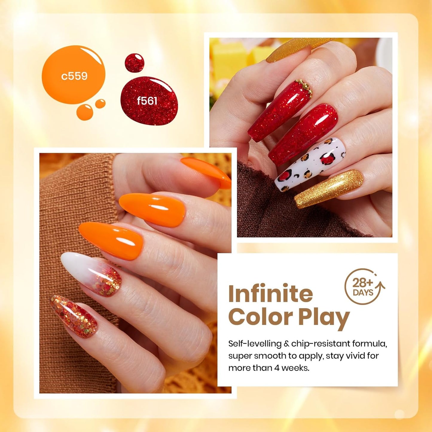 beetles Glitter Gel Polish Set - Daring Glow Collection, Gold Cat Eye Gel Colors Red Gold Glitter Shimmer Yellow Orange Christmas Nails Art Soak off Uv LED Manicure Nail Trend Gift for Women