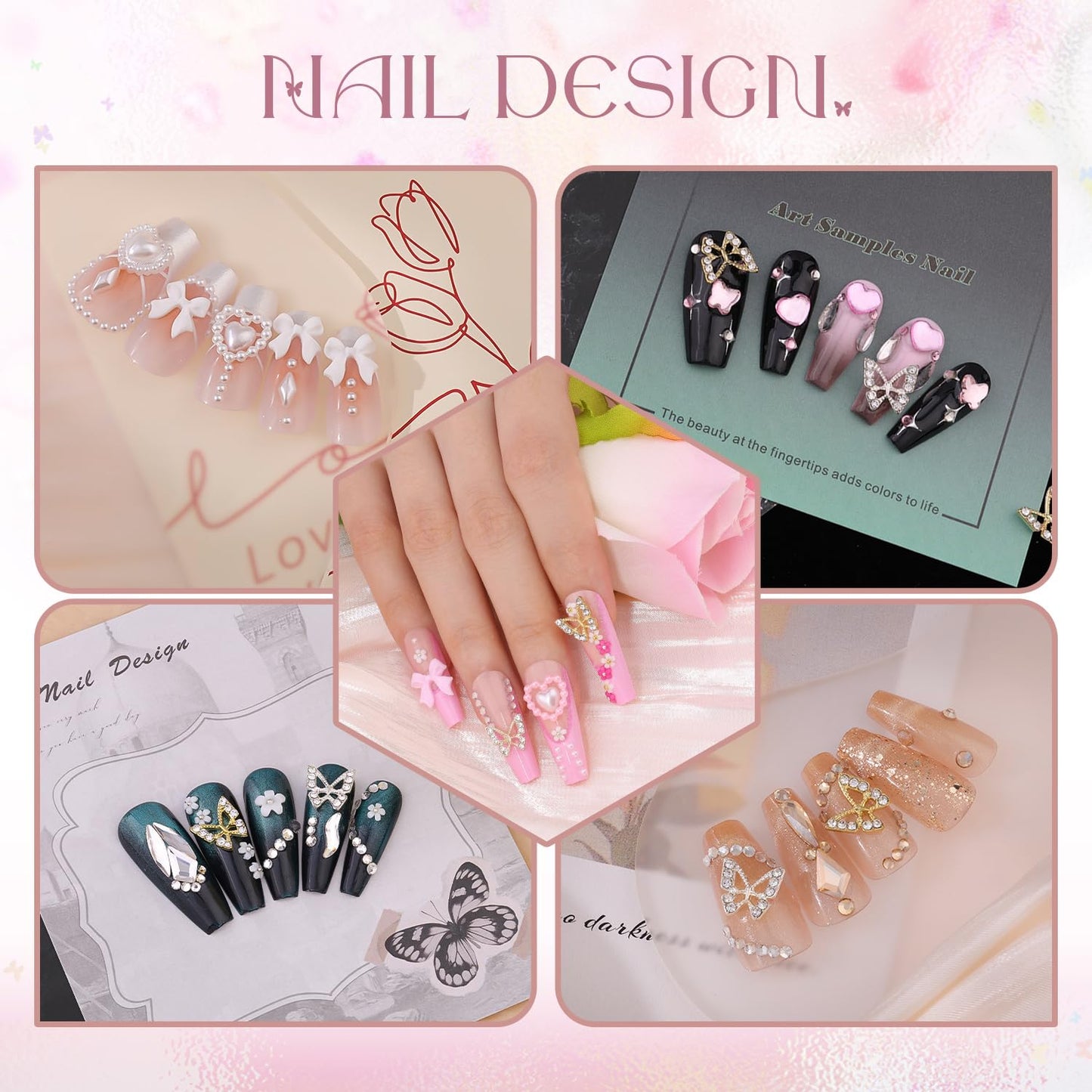 3D Nail Charms and Gems Set 8 with Rhinestone Glue, 20PCS Chunky Butterfly Charms + 75PCS Coquette Nail Bows and Hearts + 3D Flowers with Crystals, Pearls, Diamonds and Picker Tools for Y2K Nail Decor