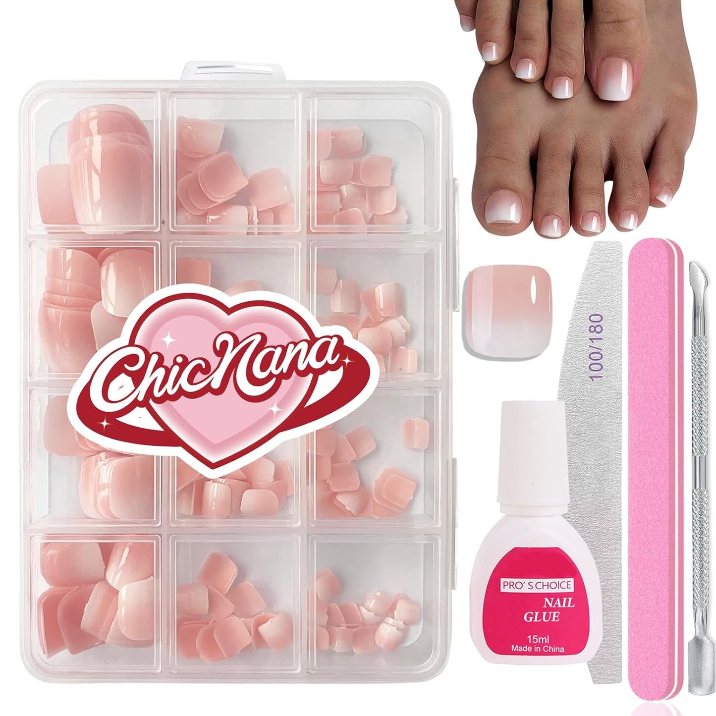 Ombre Press On Toenails - 240Pcs False Nails for toe, White Nail Tips Pink White Gradient Soft Gel False Nail Tips Salon Perfect Fake Nails Kit Extensions DIY