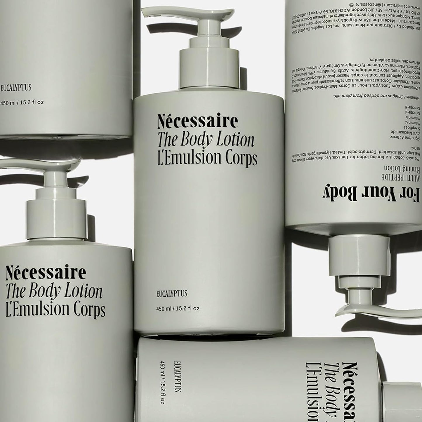 Nécessaire The Body Lotion with Pump. Eucalpytus. Multi-Peptide Firming Lotion to Moisturize, Firm, Strengthen. 2.5% Niacinamide, Vitamin C/E + Omega 6/9. 450ml / 15.2 fl oz