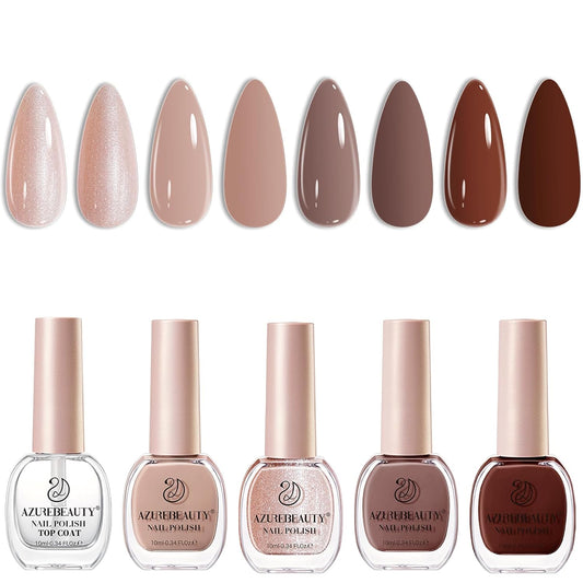 AZUREBEAUTY Nail Polish Set, 4 Colors Nude Brown Skin Glitter Quick Dry Natural Nail Lacquer Strengthening Treatment Kit with Top Coat DIY Salon at Home