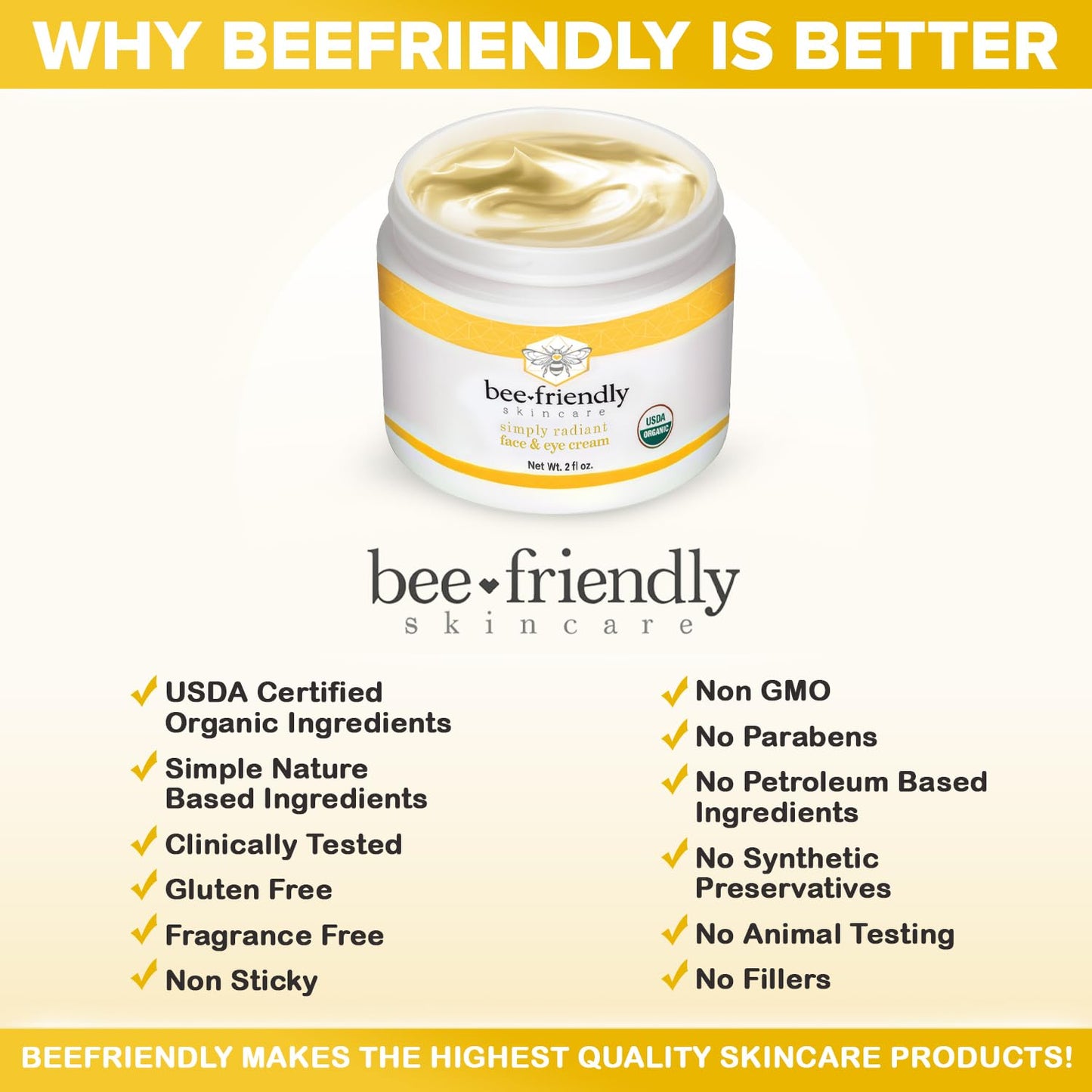 BeeFriendly Face and Eye Cream All Natural USDA Certified Organic Moisturizer, All In One Face, Eye, Neck, Decollete Cream, 2 oz