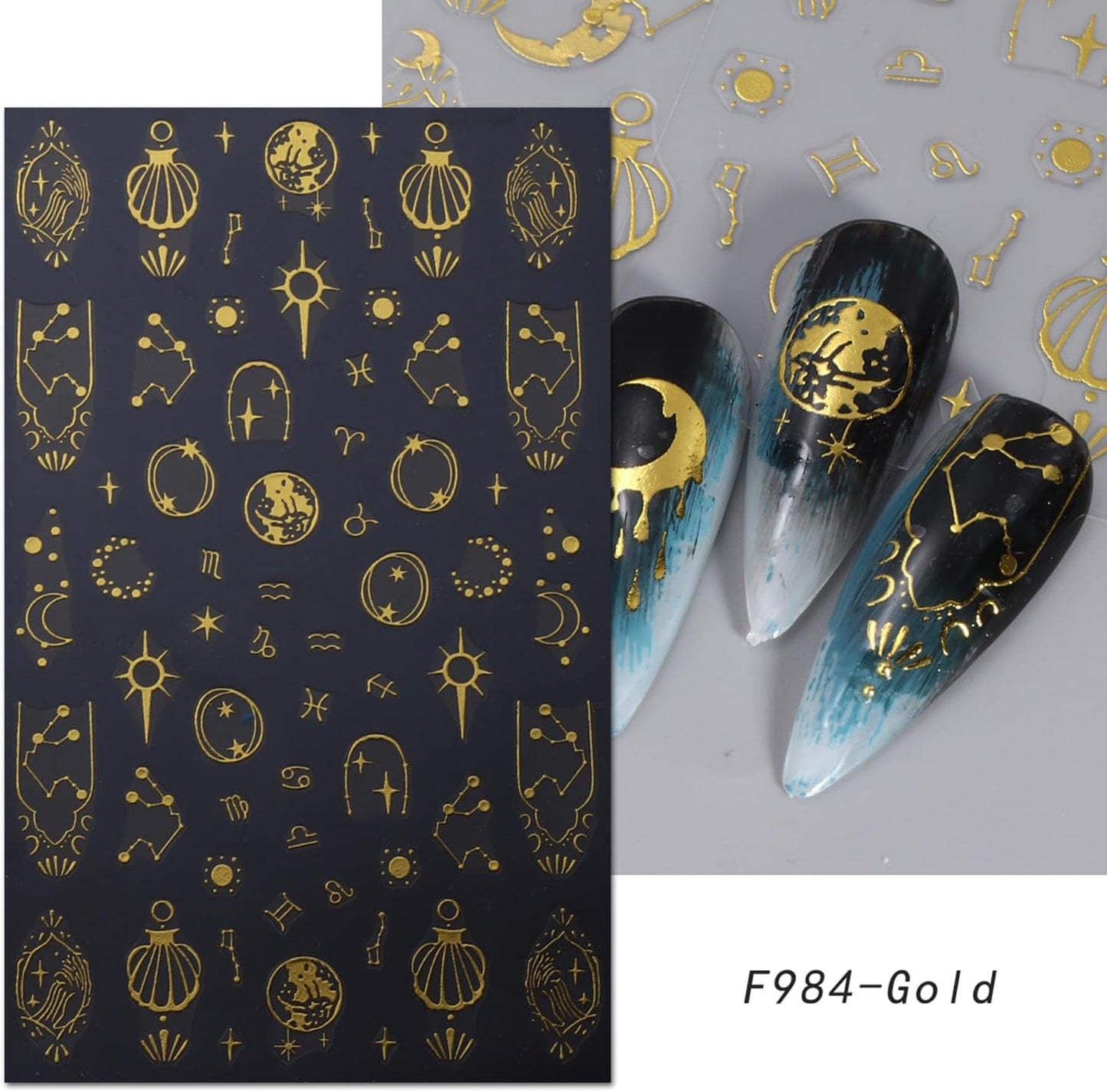 5 Sheets Metallic Gold Nail Art Stickers 3D Self-Adhesive Nails Stickers Bohemian Sun Moon Hexagram 3D Decal Supplies Women DIY Gold Metal Nail Art Decoration