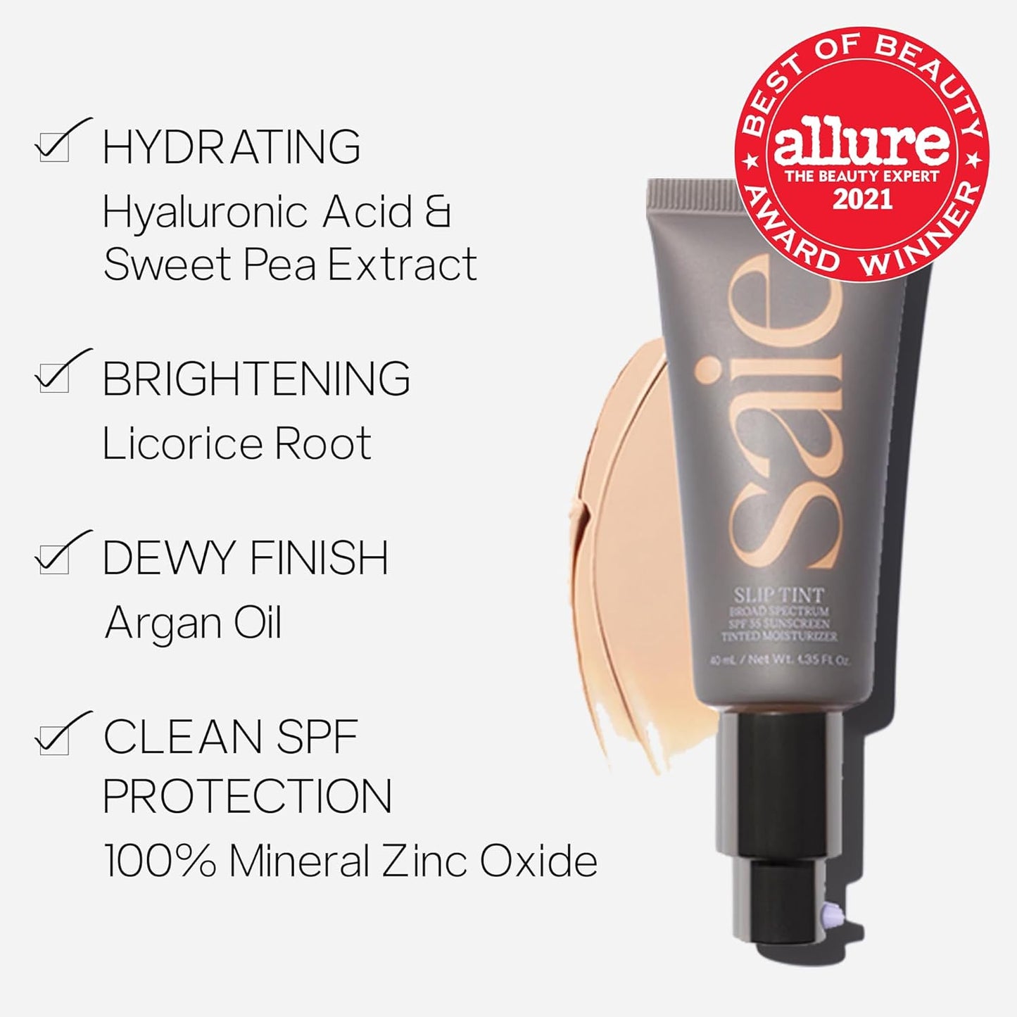 Saie Slip Tint SPF 35 Tinted Moisturizer - Light Coverage Moisturizer + Broad Spectrum Zinc Oxide Sunscreen with Hydrating Hyaluronic Acid - Shade Ten (1.35 oz)