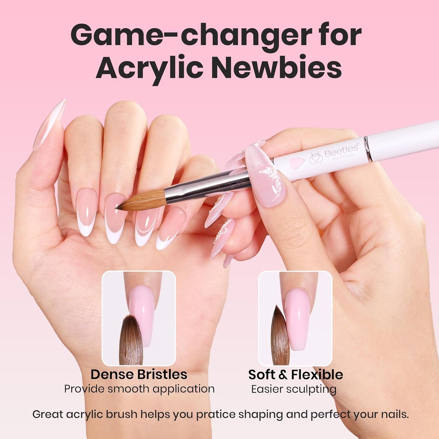 Beetles Acrylic Nail Brush Kolinsky Hair Bristles Round Shaped Metal Handle Nail Art Brushes for Manicure Extension Acrylic Powder DIY at Home Manicure Tool - Size 10