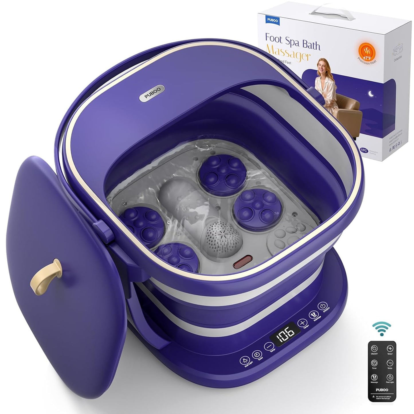 Puboo Electric Foot Bath Massager with Remote, 16 Motorized Massage Balls for Stress Relief, Collapsible Foot Spa Bath Massager with Heat, Pedicure Spa Tub with Temp Control, Purple