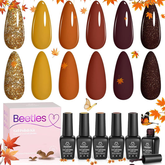 Beetles Fall Gel Nail Polish Set, 6 Colors Burgundy Red Brown Yellow Orange Glitter Gel Nail Polish Soak Off UV Nail Art Design Manicure Gifts for Women