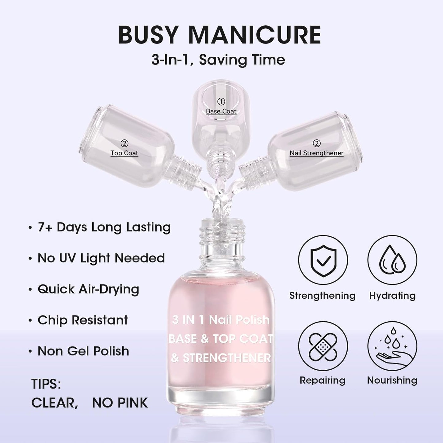 Gellen 3-In-1 Clear Nail Polish Base Top Coat & Strengthener, Sheer Nail Polish Hydrates Strengthens Nourishes Weak Damaged Dry Nails, Keratin & Vitamin E Formula, Hema Free, Non-toxic, Anti-yellowing