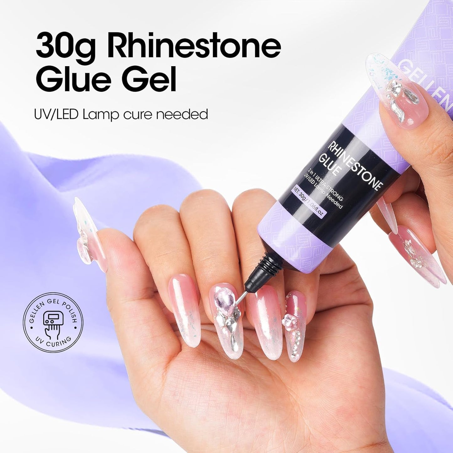 Gellen 30g Rhinestone Glue for Nails, Super Strong Adhesive Gel Nail Glue for Nail Charms, UV Light Needed Nail Gel for 3D Nail Art & Beads & Diamonds & Jewelry
