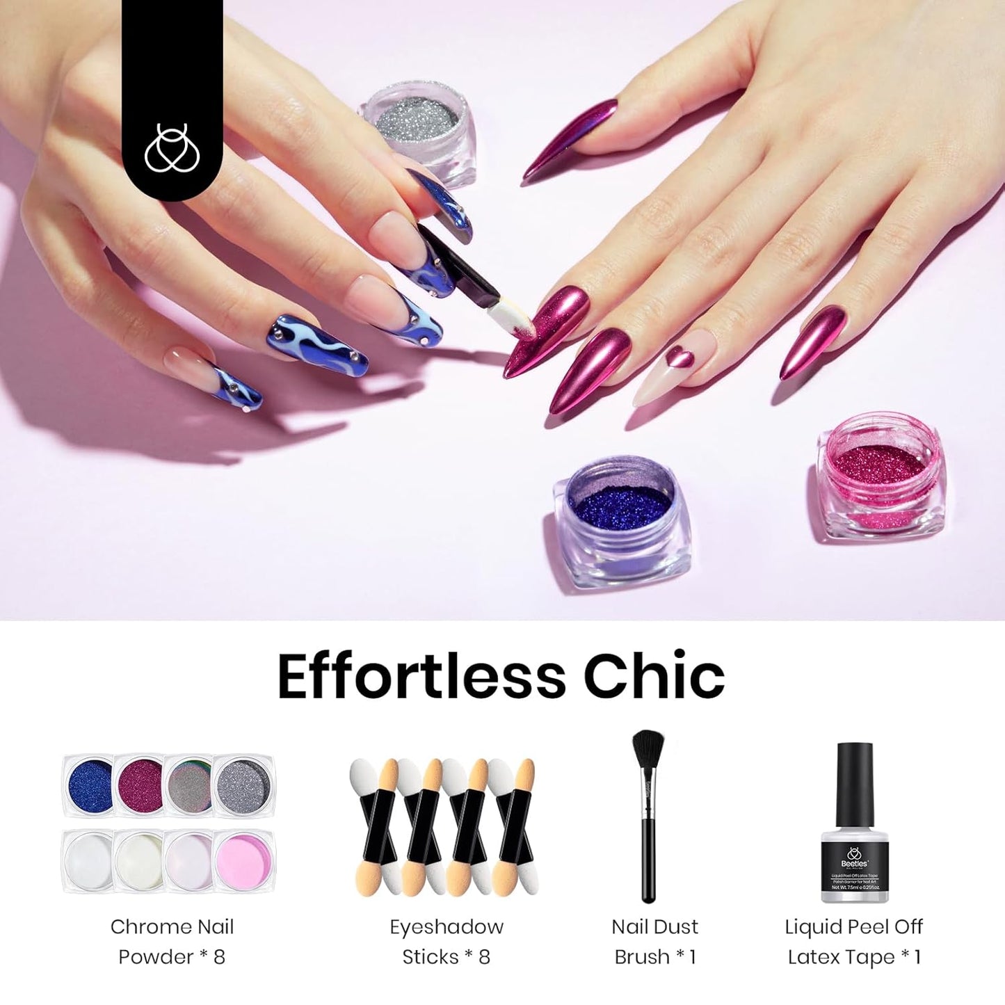 Beetles Chrome Nail Powder 8 Colors Metallic Mirror Effect Chrome Nail Powder with Liquid Latex Tape Kit,White Silver Pigment Iridescent Mermaid Glitter Pink Blue, Gel Polish Decoration Gift for Women