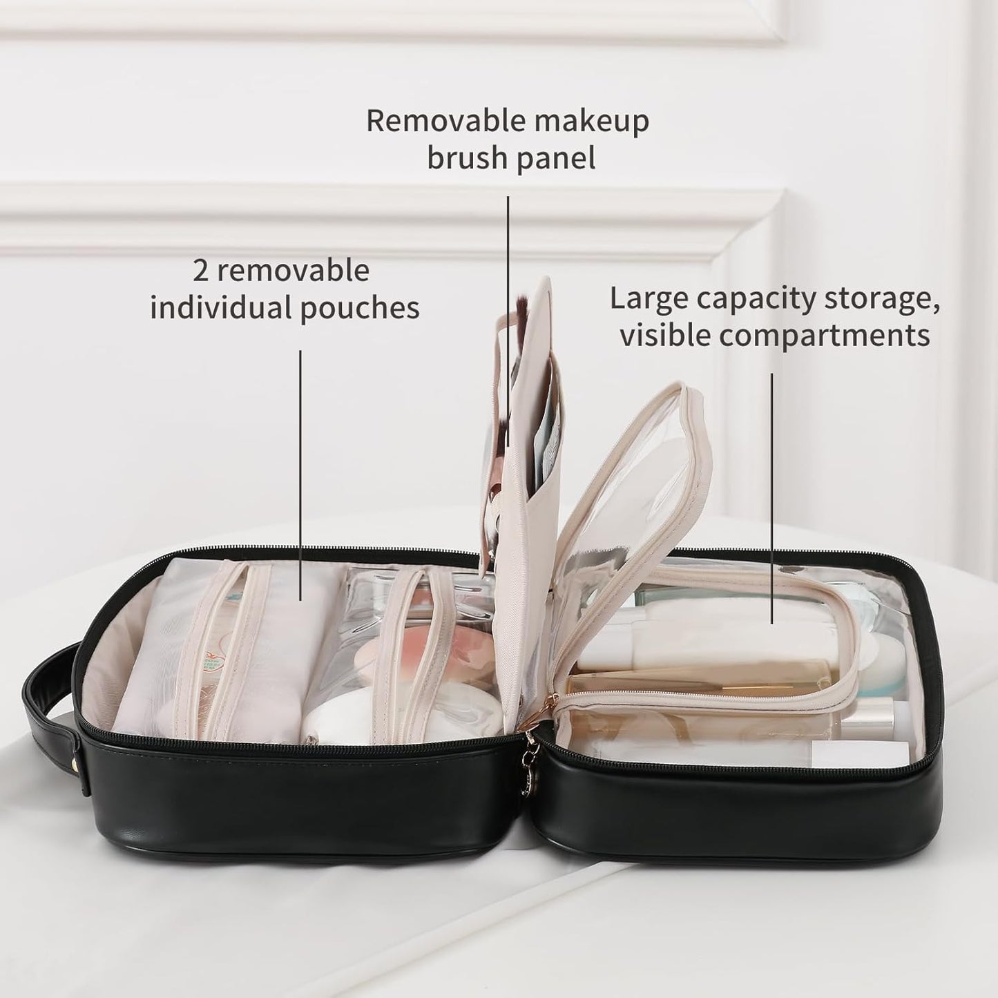 RIGHT AWAY Travel Toiletry Bag for Women, Makeup Bag& Cases, Waterproof Makeup Organizer Cosmetic Bag with Compartments,Portable Make Up Bag for Travel Size Toiletries,Skincare,Brushes Set,Black