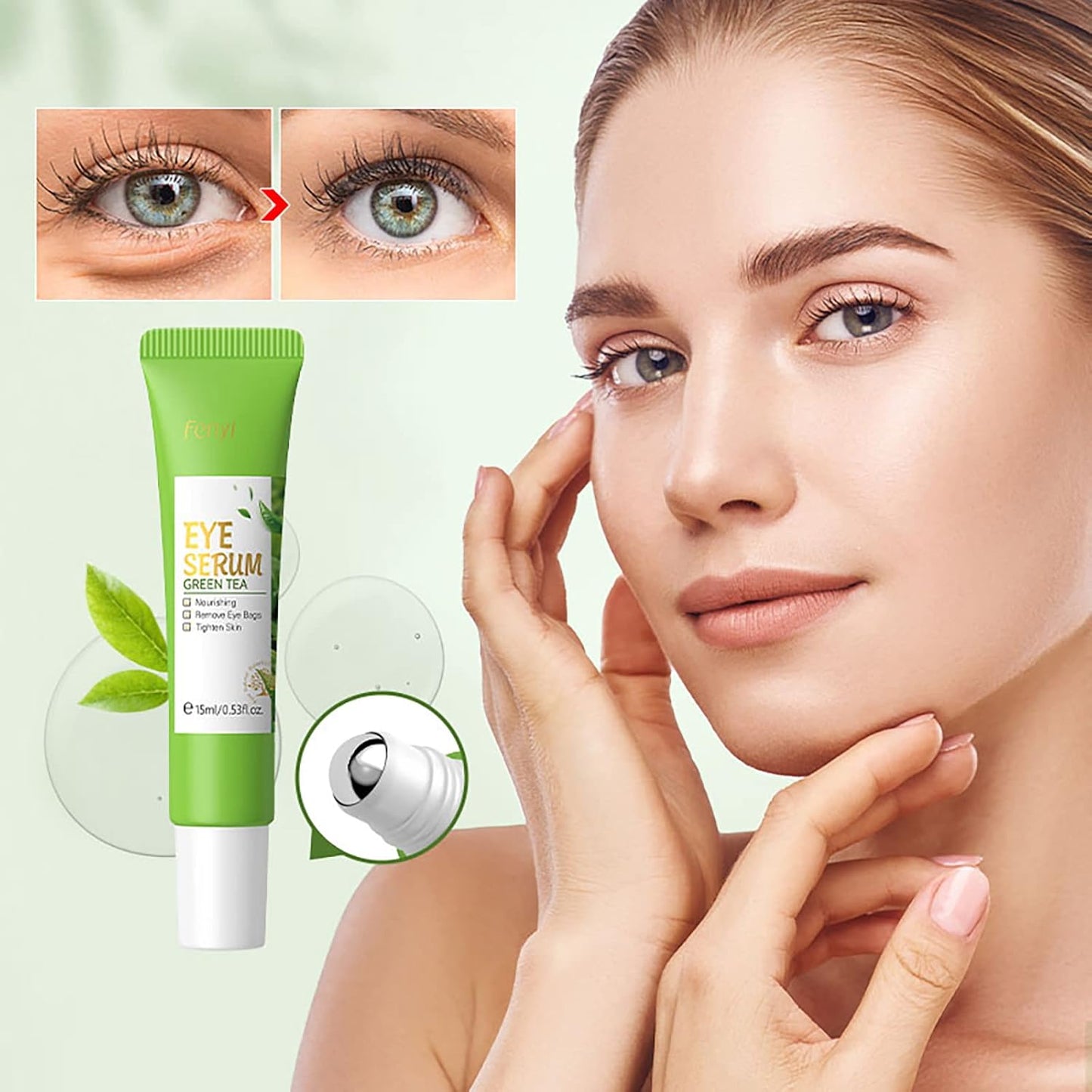 AKARY Green Tea Eye Serum and Under Eye Roller Cream, for Eye Bags Puffiness, Caffeine Eye Cream with 360° Massage Ball Reduce Wrinkles and Fine Lines, Under Eyes, Moisturizing, Hydrating, Firming Eye Skin (Green Tea)