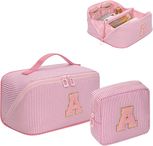 Travel Makeup Bag for Women, 2Pcs Portable Personalized Initial Makeup Organizer Bag, Open Flat Large Cosmetic Bag With Travel Essential Pouch (Pink Letter A)