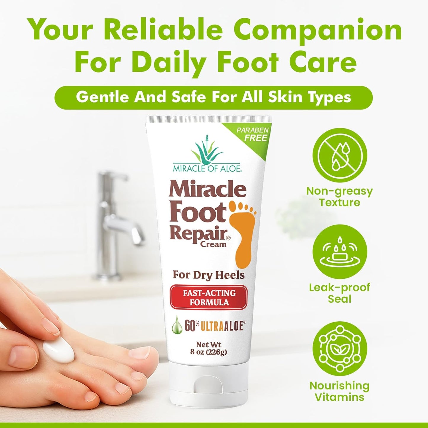 Miracle Foot Repair Cream (8 oz / 2-Pack) Repairs Dry Cracked Heels and Feet, 60% Pure UltraAloe Moisturizes, Softens, and Repairs