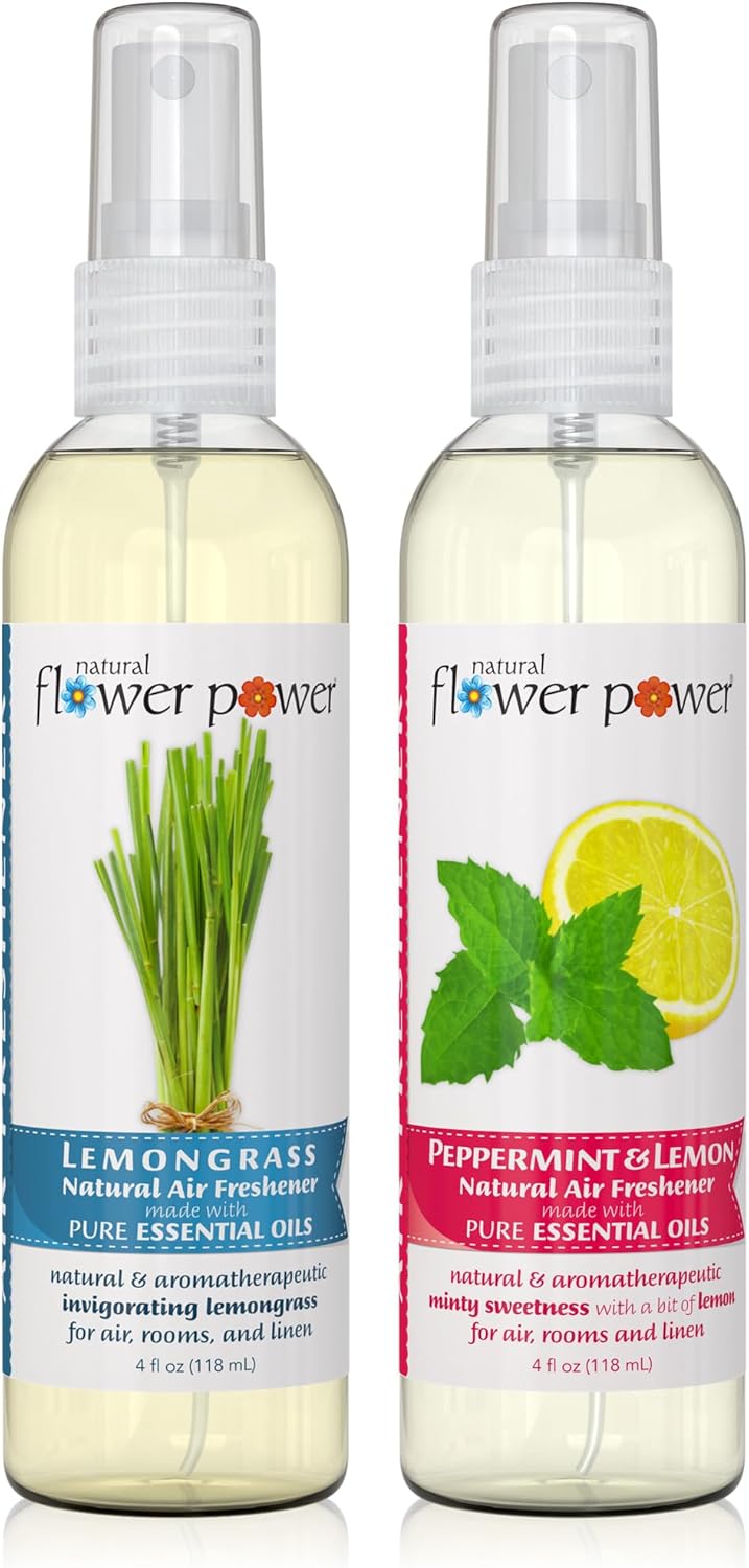 Air Freshener Spray - Odor Eliminator w/Essential Oils - Home, Car & Fabric - Cruelty Free & Vegan - Variety Pack - Lemongrass and Peppermint & Lemon - 2 x 4 fl oz