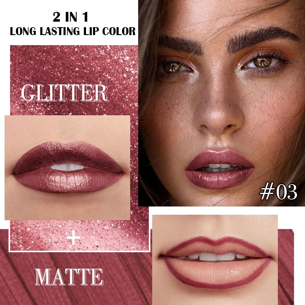 Kaely 2-in-1 Dark Wine Red Metallic Lipstick and Lip Liner, Shimmer Liquid Metallic Lipsticks for Women, Glitter Lip Gloss Stain Long Lasting Waterproof Smudge Proof 24 Hour, Vegan Makeup, 03