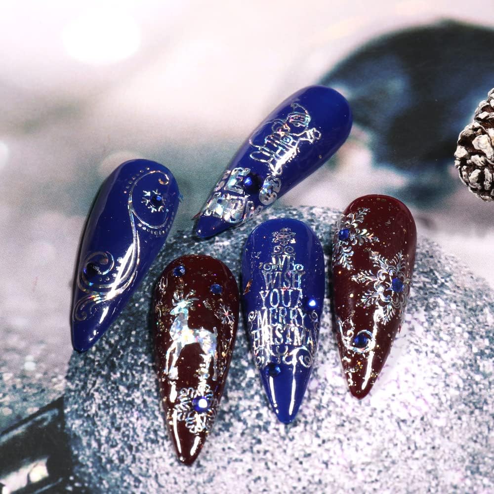 9 Sheets Merry Christmas Nail Art Stickers Decals Self-Adhesive Holiday Snowflakes Laser Silver Snowman Bell Nail Supplies Nail Art Design Decoration Accessories