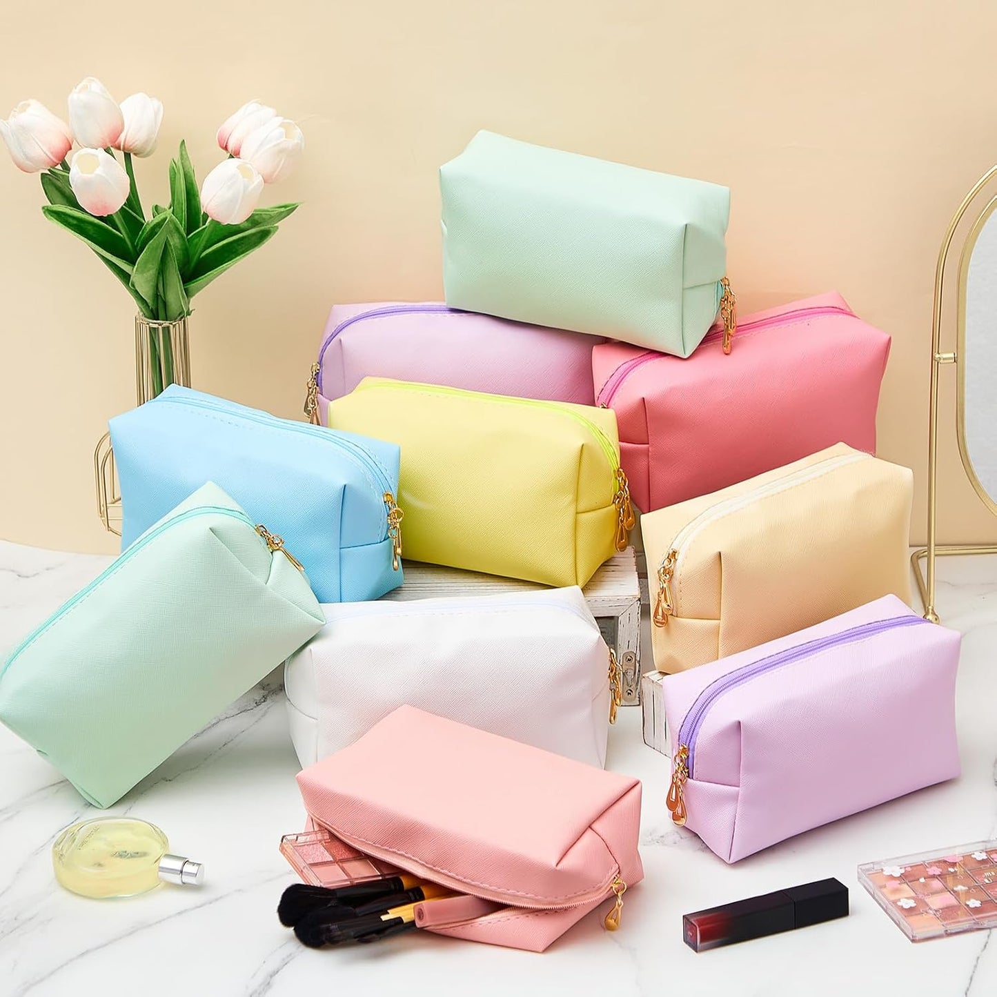 Kigeli 15 Pcs Aesthetic Makeup Bags PU Leather Cosmetic Pouches Waterproof Plain Toiletry Bags Makeup Pouches Bulk for Women Party Gift Travel Storage Organizer(Vivid Color)