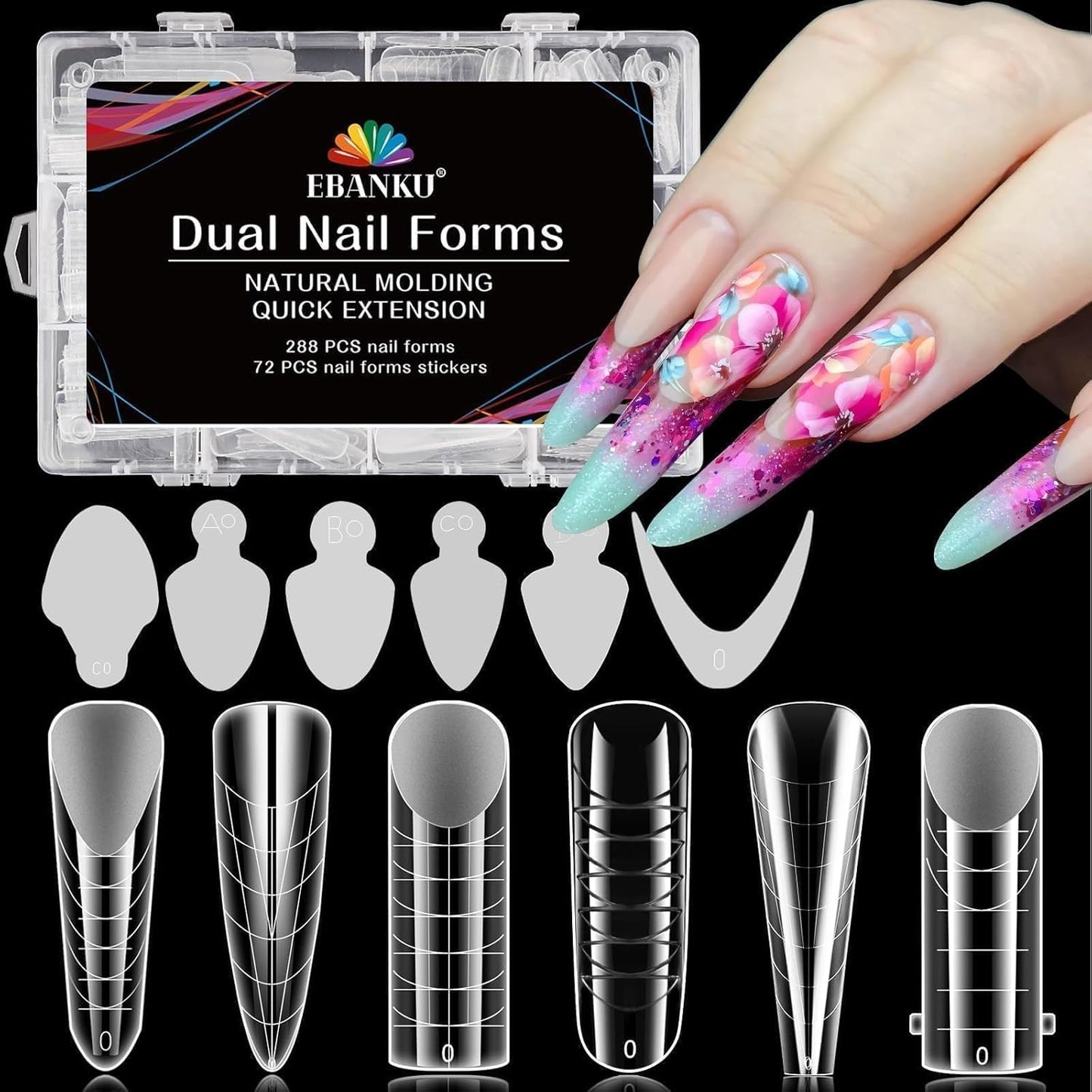 EBANKU 288PCS Poly Extension Gel Dual Nail Forms, Stiletto Coffin Acrylic Nail Forms for French Nails, 76PCS Duet System Dual Forms Sticker Silicone Pads, 6 Styles Scale for Manicure Extension