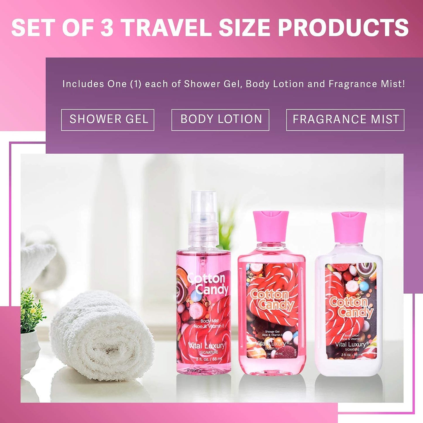 Bath & Body Care Travel Set - Home Spa Set with Body Lotion, Shower Gel and Fragrance Mist, Valentines Day Gifts for Her and Him(Cotton Candy)