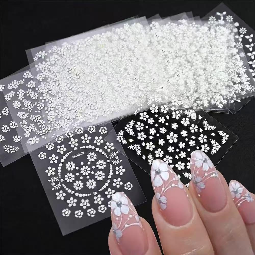 White Flower Nail Art Stickers White Flower with Rhinestones Nail Decals 3D Self Adhesive Nail Stickers Nail Art Designs Flowers Sticker for Nails Decorations 30 Sheets