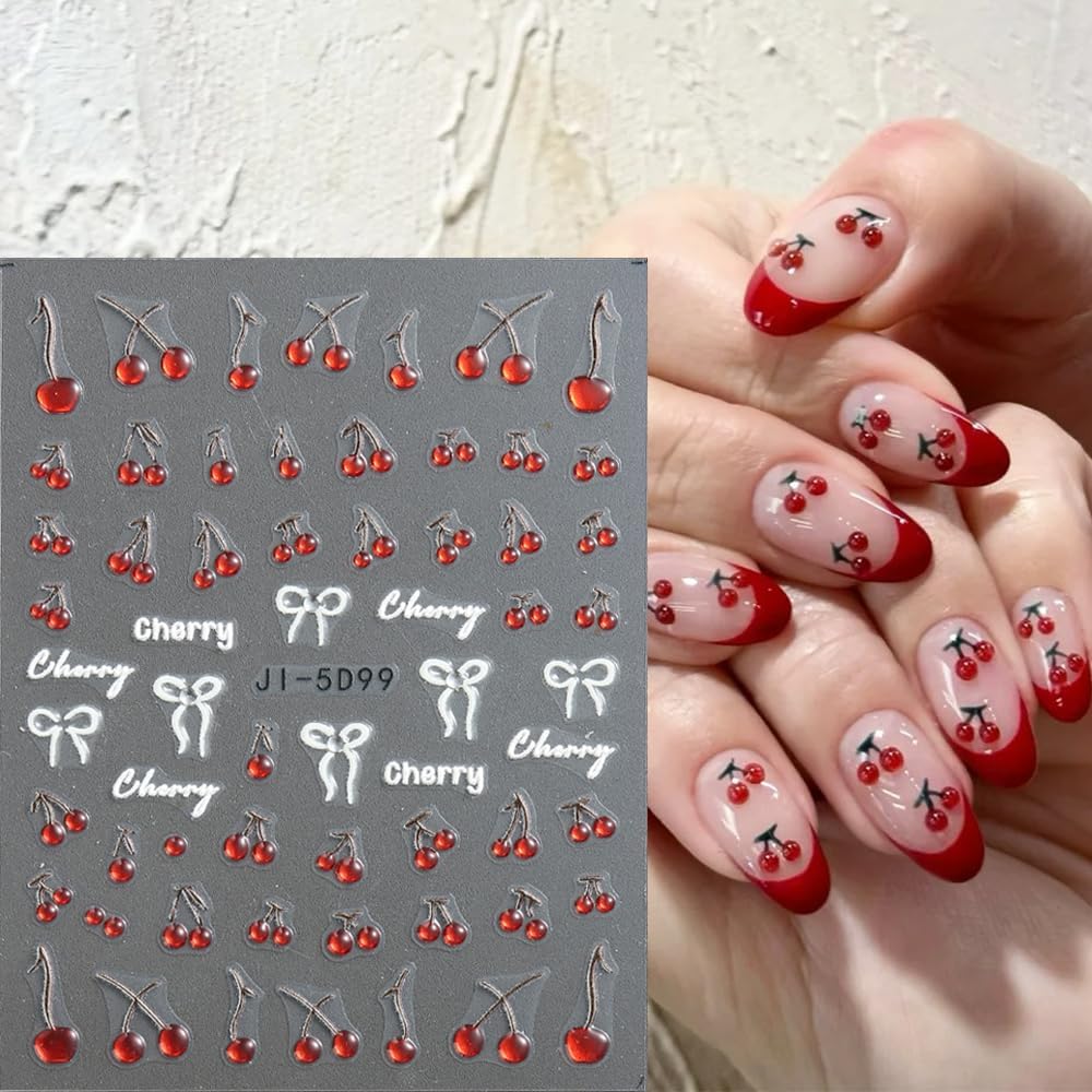 Cherry Nail Stickers 5 Sheets Cherry Blossom Nail Decals Spring Summer Fruits Nail Decoration 5D Embossed Stickers for Nail Art Bows Stars Butterfly Flowers Nail Stickers Manicure Supplies