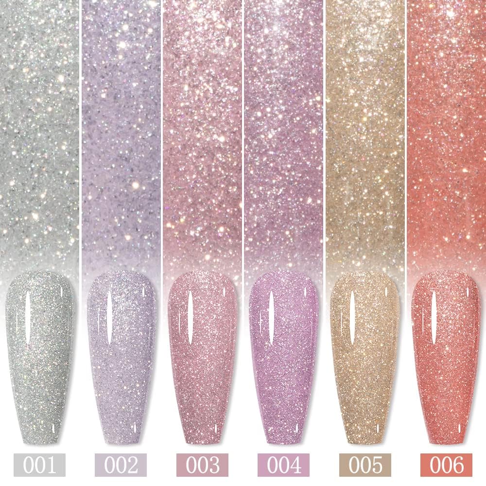 MIZHSE Glitter Gel Nail Polish, 2 In 1 Reflective & Rubber Base Gel Polish 10ml, Sparkly Shimmery Effect Nude Pink Silve Purple Colors Soak Off Nail Art Manicure Home Salon Gift for Women