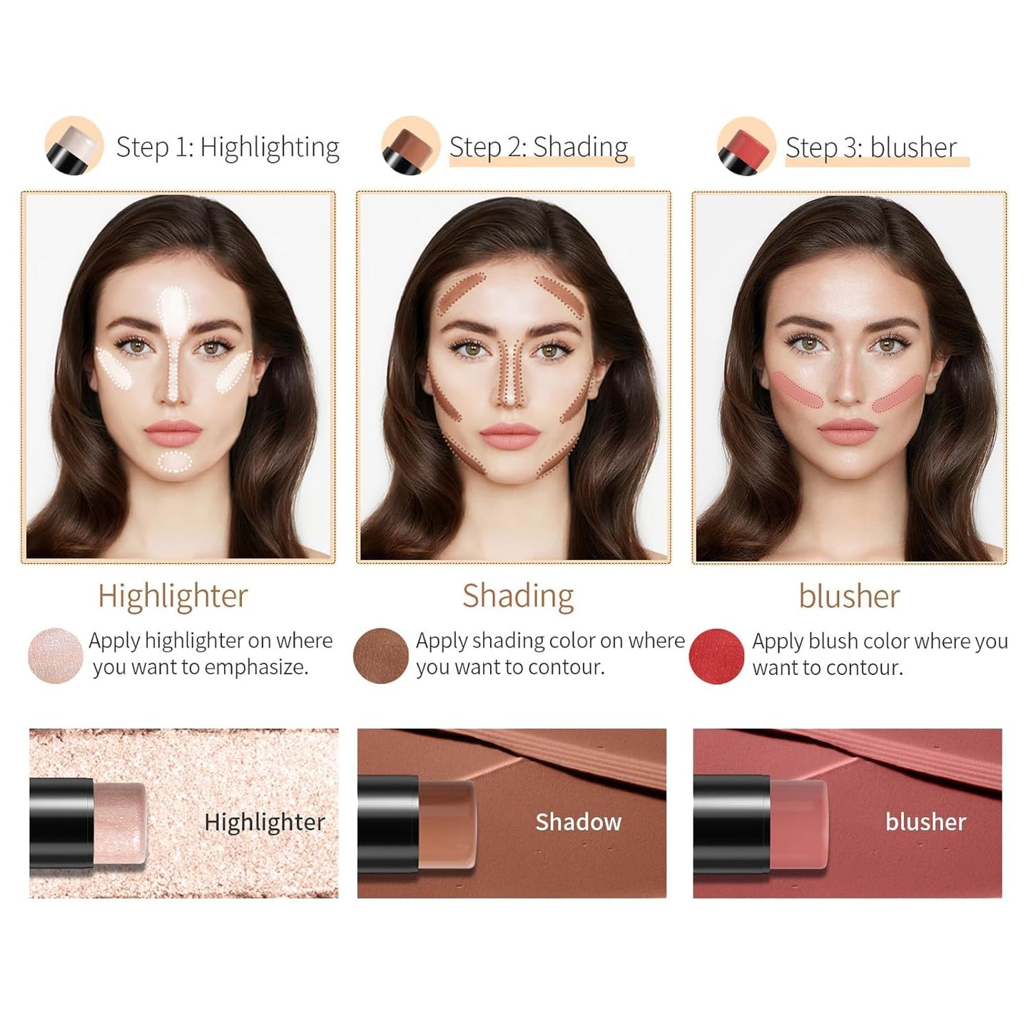 3Pcs Cream Contour Stick, with Highlighter Stick Bronzer Stick Blush Stick, Face Contour Stick Highlighter Makeup with Makeup Brush and Sponge for Sculpt the Cheeks, Long Lasting, Waterproof