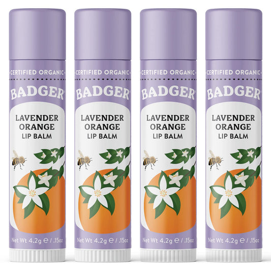 Badger Lavender Orange Classic Lip Balm, 100% Organic Balm, Long Lasting Lip Care w/Light Silky Texture, Uplifting Orange & Calming Lavender Lip Balm, 4 Pack
