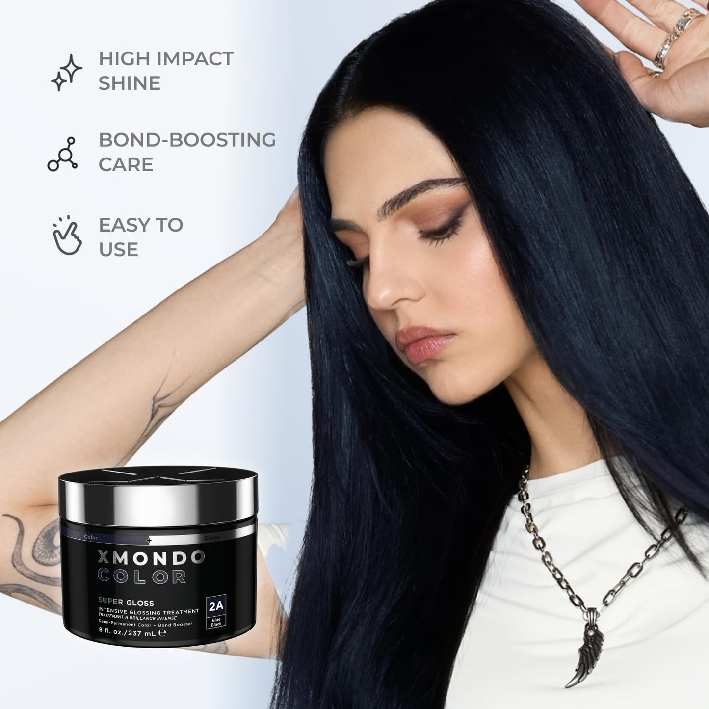 XMONDO Color Blue Black Color Depositing Mask & Semi-Permanent Hair Dye Super Gloss Infused with Bond Boosters for Nourishment, Revitalize & Repair, Vegan Formula, 8 Fl Oz