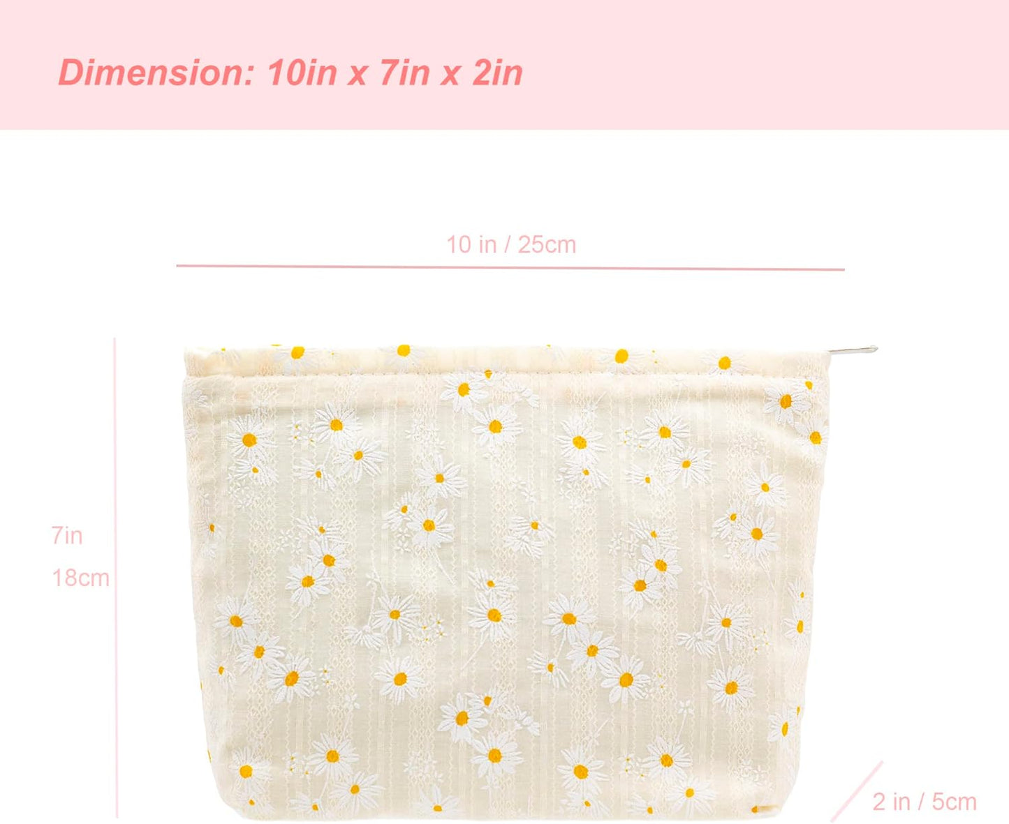 PAZIMIIK Floral Makeup Bag Large Cotton Zipper Pouch for Purse Travel Canvas Make Up Organizer for Women Cosmetic,Daisy Beige