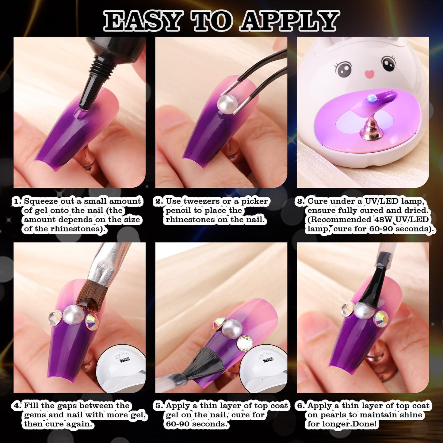 Rhinestones for Nails & Pearls, Manicure Kit with Nail Rhinestone Glue Gel, Flat Back Glass Crystal AB + Clear Gems, Colorful Half Round Pearls, Gem Glue (UV/LED Needed) with Dotting Tools