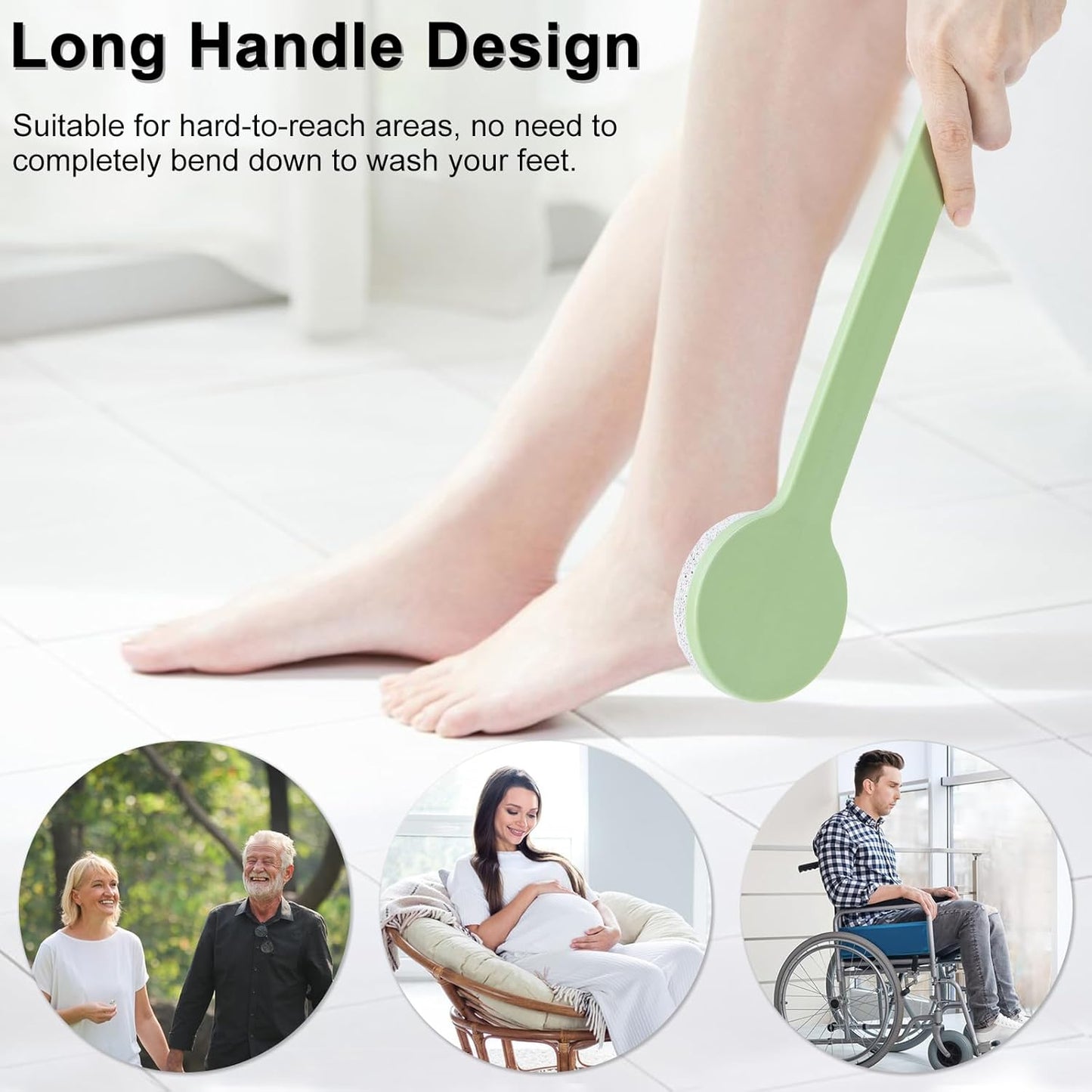 Pumice Stone for Feet with Long Handle 14", Hard Skin Callus Remover, Scrubber and Exfoliator for Dead Dry Skin, Softer & Smoother Feet, Pedicure Tool (Straight) Green