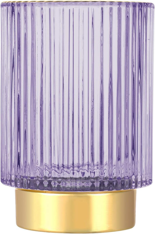 DASITON Makeup Brush holder Organizer,Crystal Cosmetic Makeup Brush Glass Brushes Storage Holder, Vintage Make Up Brush Cup Pen Pencil Holder striped vase(Purple L)