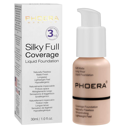 PHOERA Foundation, PHOERA Matte Liquid Foundation,PHOERA Makeup for Women, PHOERA Foundation Full Coverage Concealer, 30ml 24HR Matte Oil Control Concealer (101- Porcelain)