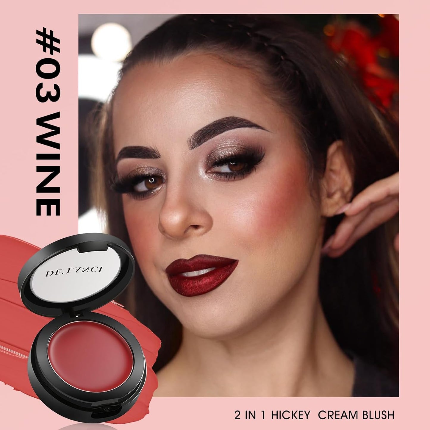 DE'LANCI Hydrating Cream Blush for Cheeks & Lips & Eyeshadow, Creamy & Long-lasting Waterproof Blush Balm, Lightweight Matte Blush for natural look, Travel Size, Highly Pigmented, Built-in Brush, Wine