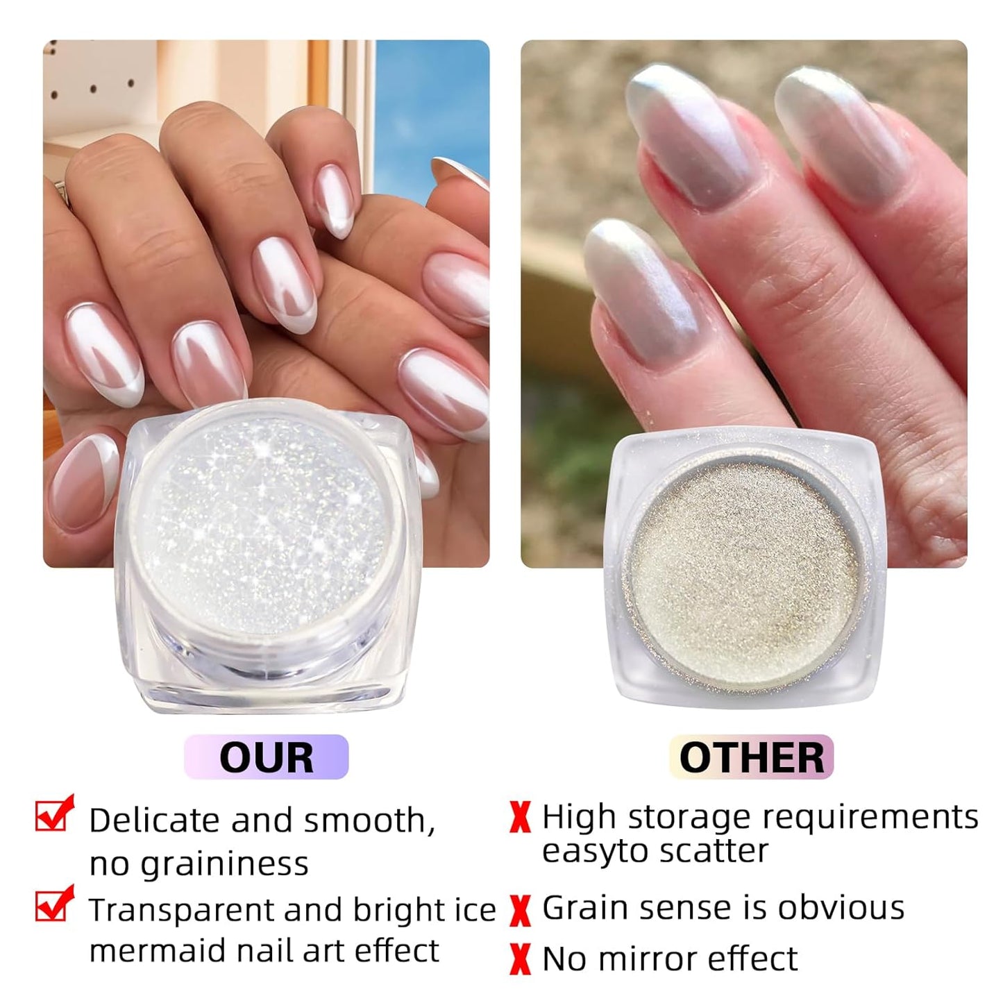 Pearl Chrome Nail Powder:【Super Transparent】 White Pearl Chrome Nail Powder Ice Shimmer Jewelry Transparent Aurora Glazed Donut Chrome Nail Powder for Nails Art DIY