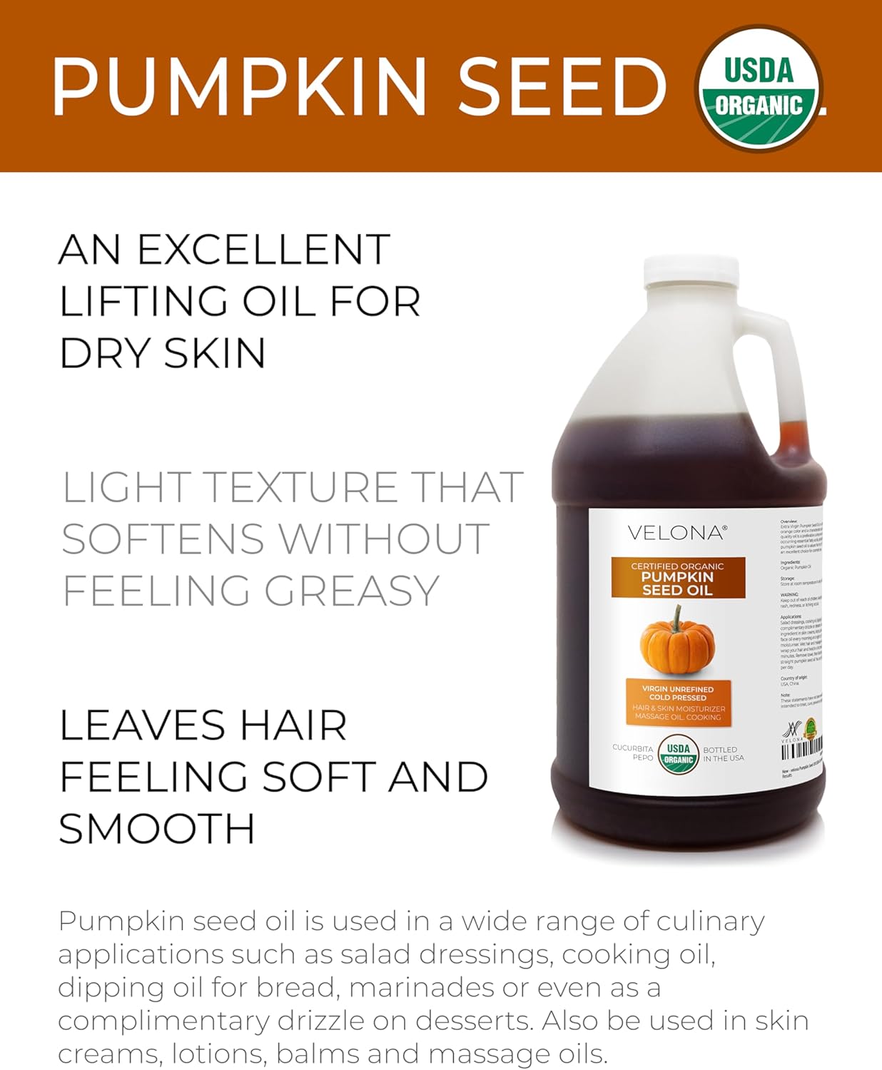 velona Pumpkin Seed Oil USDA Certified Organic - 64 Fl Oz | 100% Pure and Natural Carrier Oil | Unrefined, Cold Pressed | Cooking, Face, Hair, Body & Skin Care | Use Today - Enjoy Result