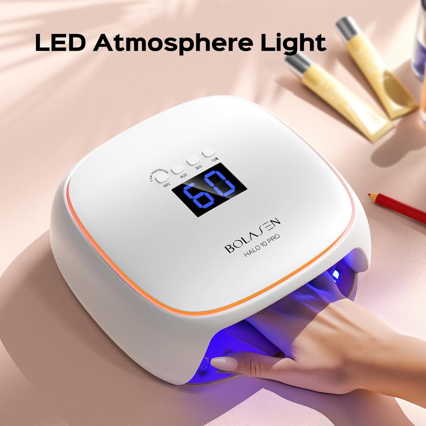 BOLASEN Cordless Rechargeable UV LED Nail Lamp, 60W Gel Nail Light with Ceramic Technology, Portable Wireless LED Nail Dryer with Metal Base, Professional Curing Lamp with Atmosphere Light, HALO 10PRO